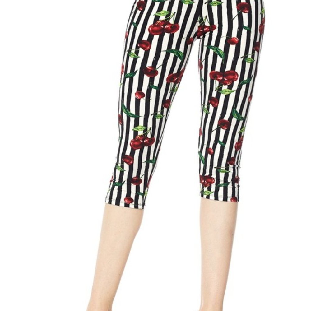 Striped Cherry Capri Leggings OS